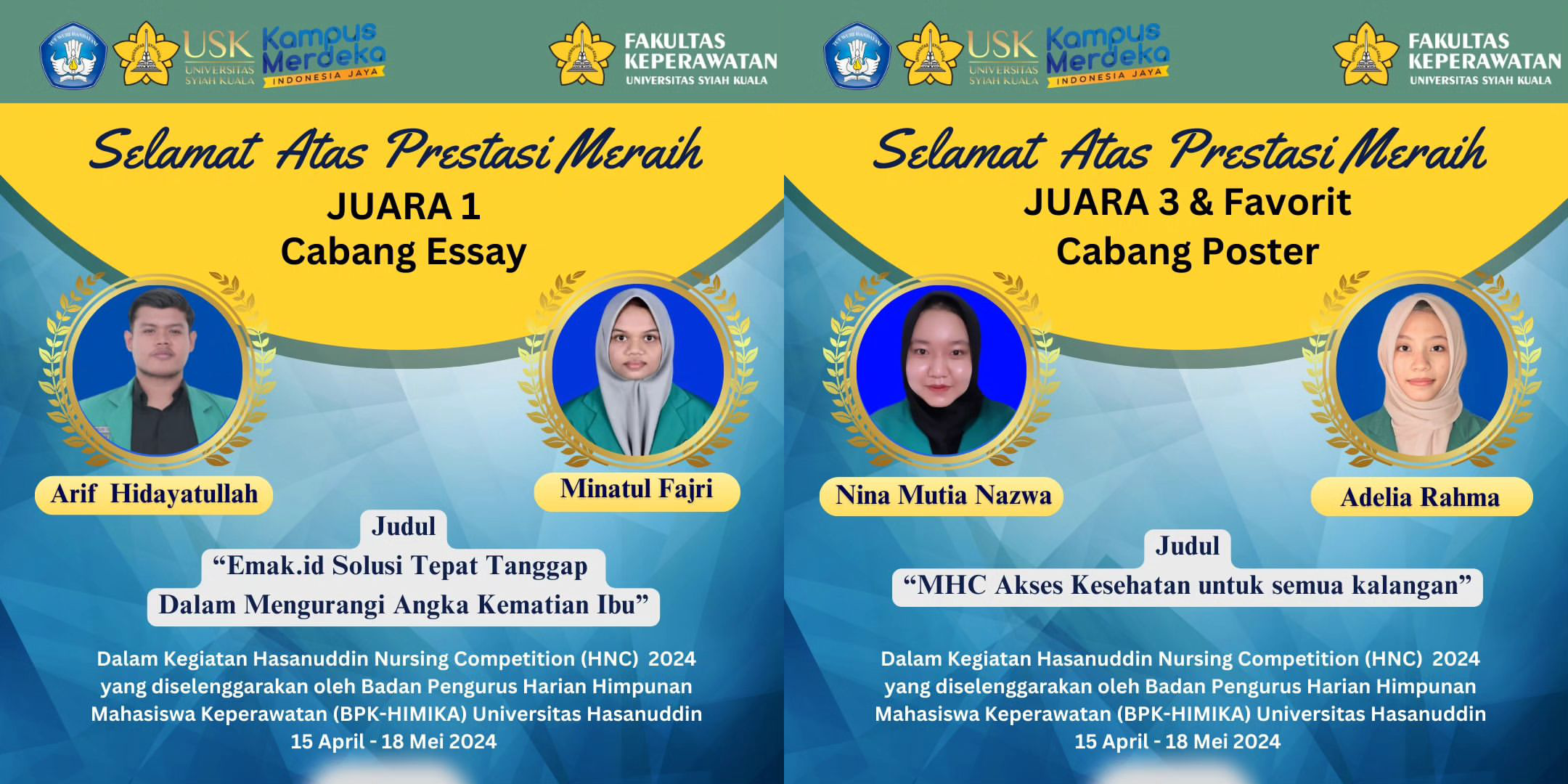 DUA TIM FAKULTAS KEPERAWATAN UNIVERSITAS SYIAH KUALA (USK) BERHASIL MERAIH TIGA PRESTASI PADA EVENT HASANUDDIN NURSING COMPETITION (HNC) YANG DISELENGGARAKAN OLEH UNIVERSITAS HASANUDDIN.
